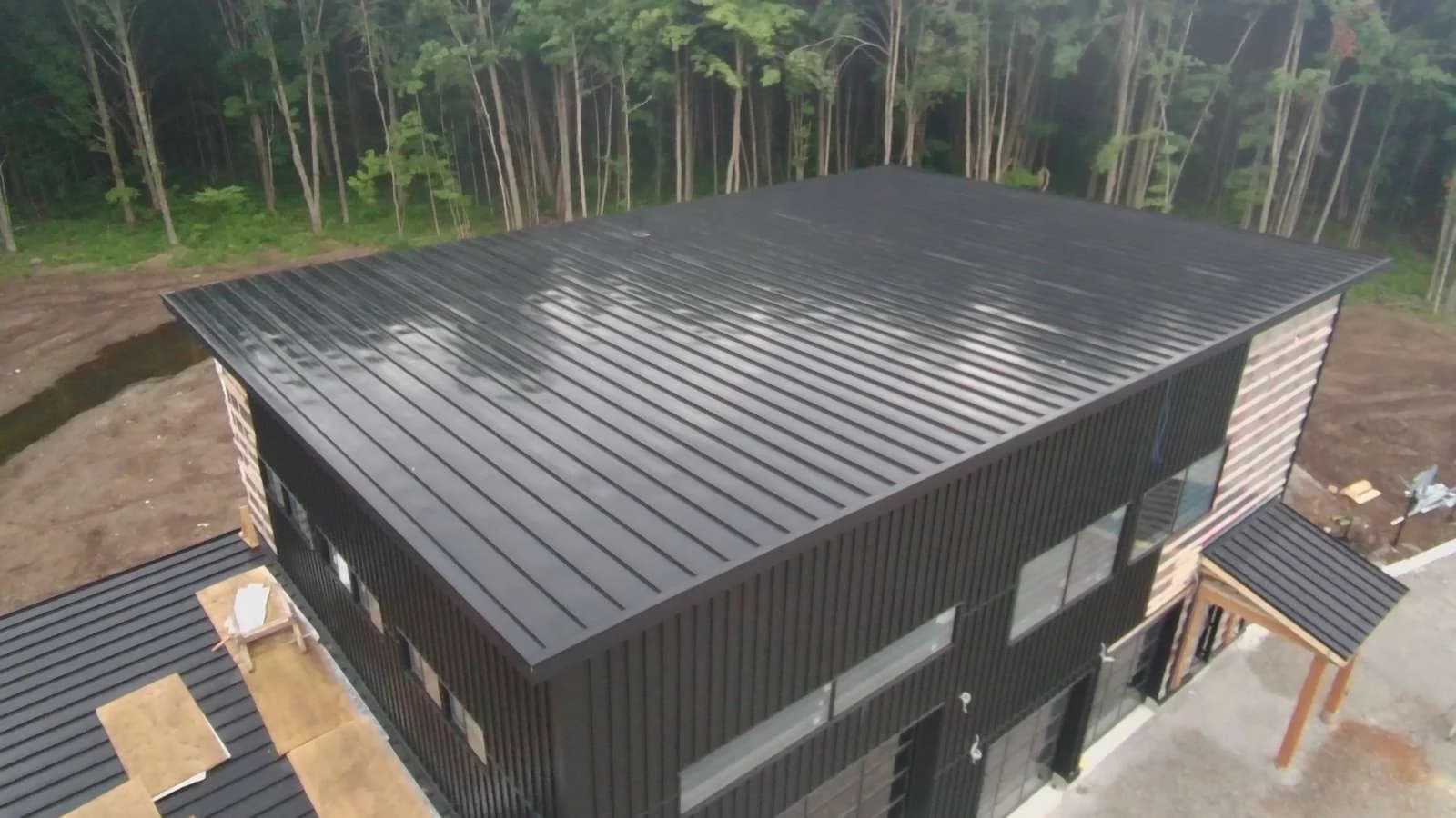 Dark standing seam roof and metal siding on a modern building