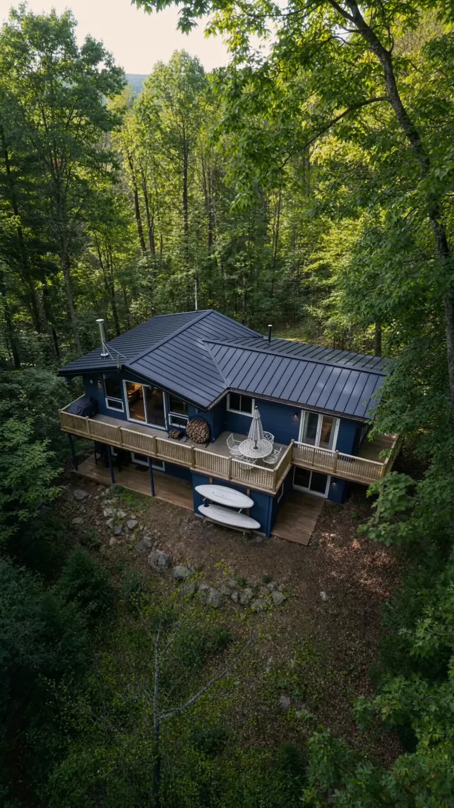 Tall aerial view of a blue metal-roofed cottage among summer trees