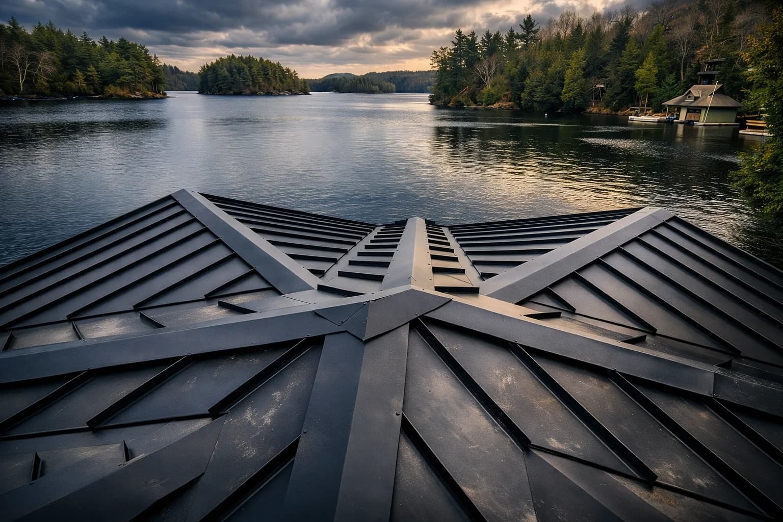 Dark metal roof intersections facing a lake beneath a dramatic sky